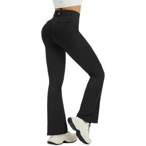 imagebaleaf Womens Yoga Pants with 4 Cargo Pockets Scrunch Workout Flare Leggings High Waist Casual Gym Bell BottomBlack