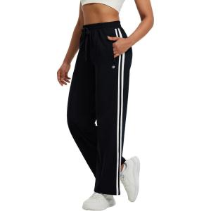 imagebeleaf Womens Fleece Lined Track Pants Wide Leg Pants with Zipper Pockets Loose Fit Sweatpants Drawstring Travel Casual WorkBlack With White Stripes