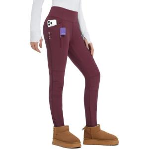 imagebaleaf Thick Leggings for Women Water Resistant Snow Pants Fleece Lined Leggings Winter Ski Hiking Pants with Zip PocketsWine Red