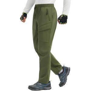 imagebaleaf Mens Fleece Lined Hiking Cargo Pants Softshell Water Resistant Snow Thermal Pants Winter Insulate with Zipper PocketArmy Green