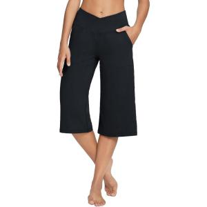 imagebaleaf Womens Wide Leg Yoga Capris Pants with Pockets Crossover Waist Loose Plus Size Cropped Pants Casual SummerBlack