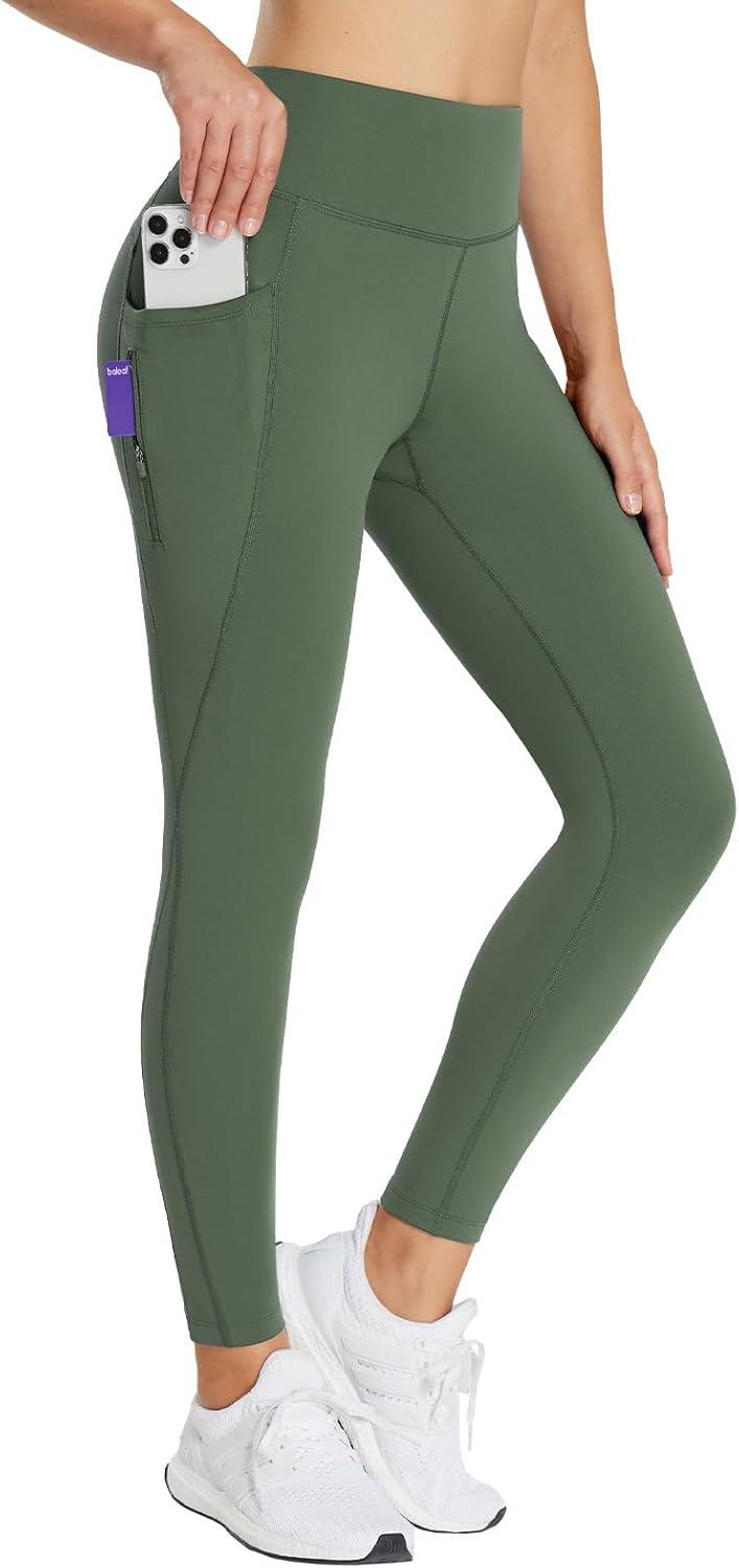 imagebaleaf 2530 Womens Fleece Lined Leggings Water Resistant High Waist Winter Running Hiking Pants Zipper Pockets25 Inch Green