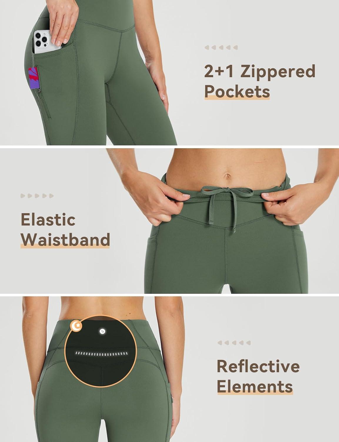 imagebaleaf 2530 Womens Fleece Lined Leggings Water Resistant High Waist Winter Running Hiking Pants Zipper Pockets30 Inch Army Green