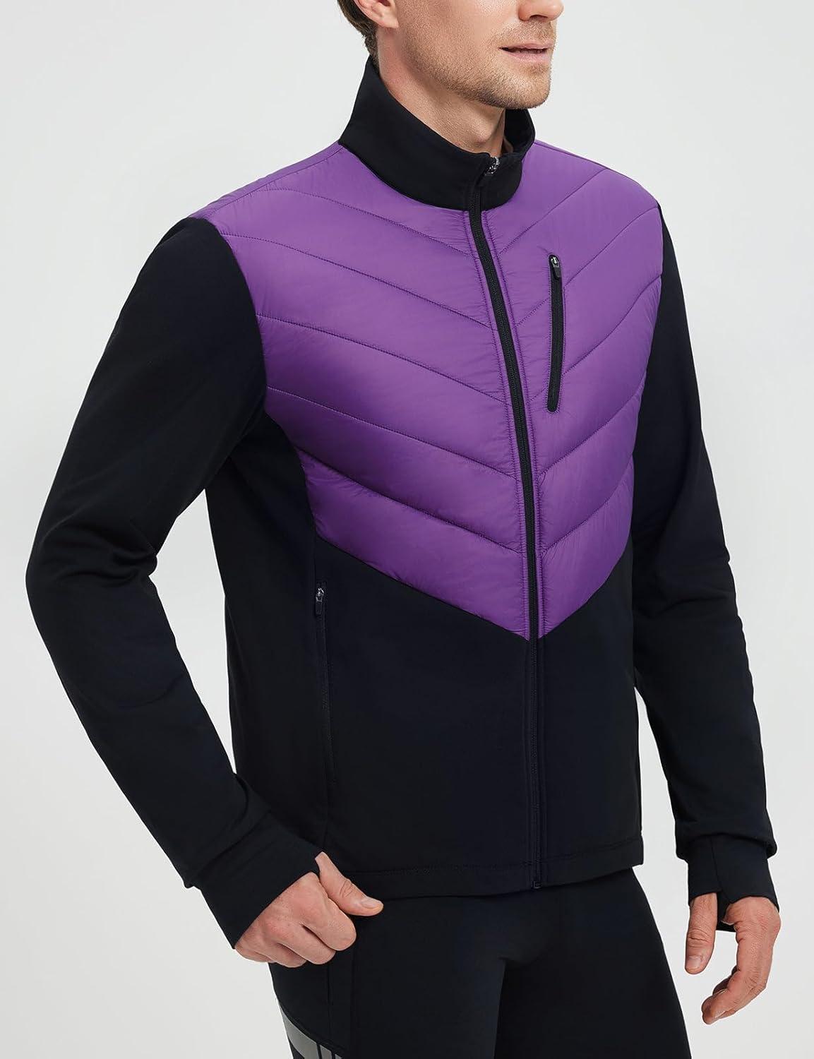 imagebaleaf Mens Cycling Jacket Puffer Lightweight Coat Windproof Warm Winter 5 Pockets Packable Running HikingPurpleBlack
