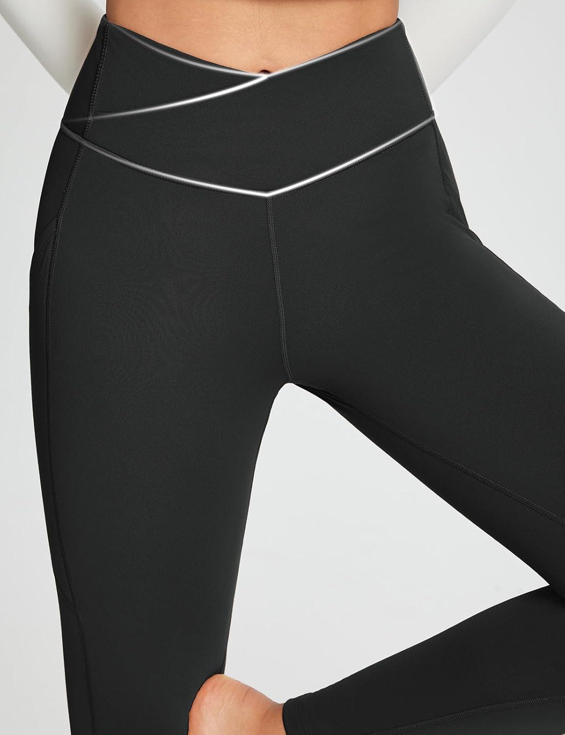 imagebaleaf Womens Crossover Fleece Lined Leggings with Pockets Thermal Warm Winter Tights Crossover High Waisted Yoga PantsBlack