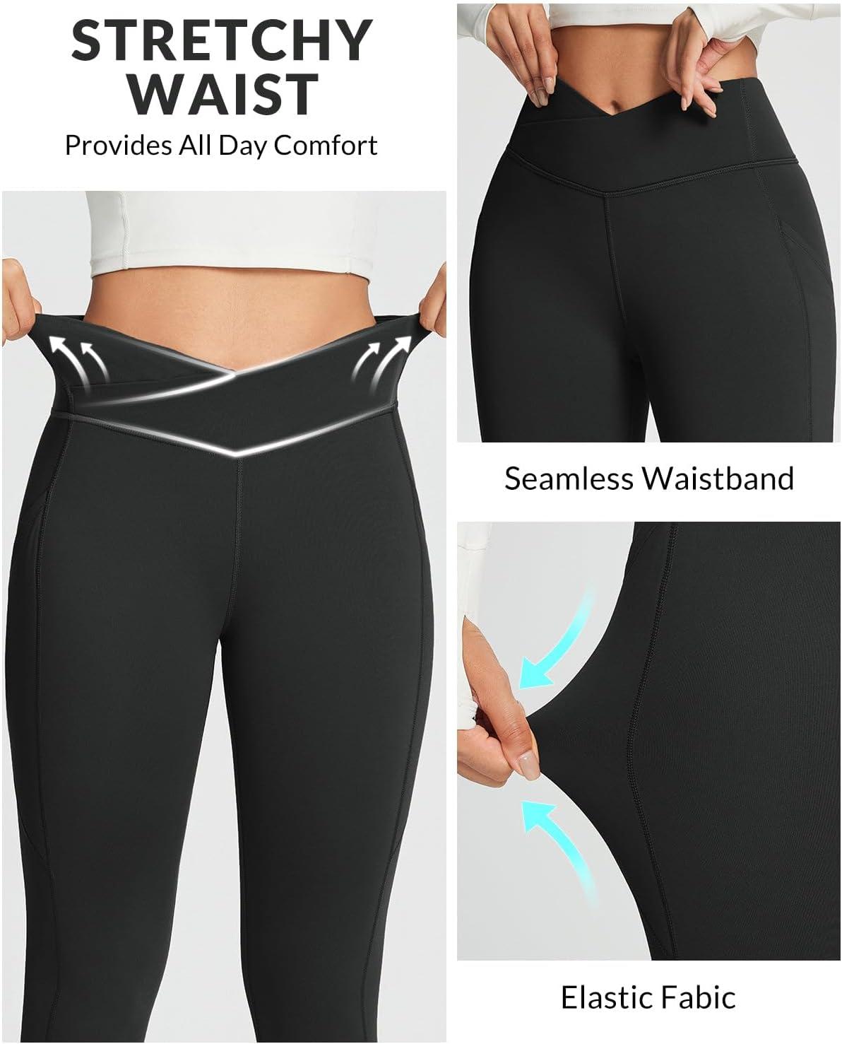 imagebaleaf Womens Crossover Fleece Lined Leggings with Pockets Thermal Warm Winter Tights Crossover High Waisted Yoga PantsBlack