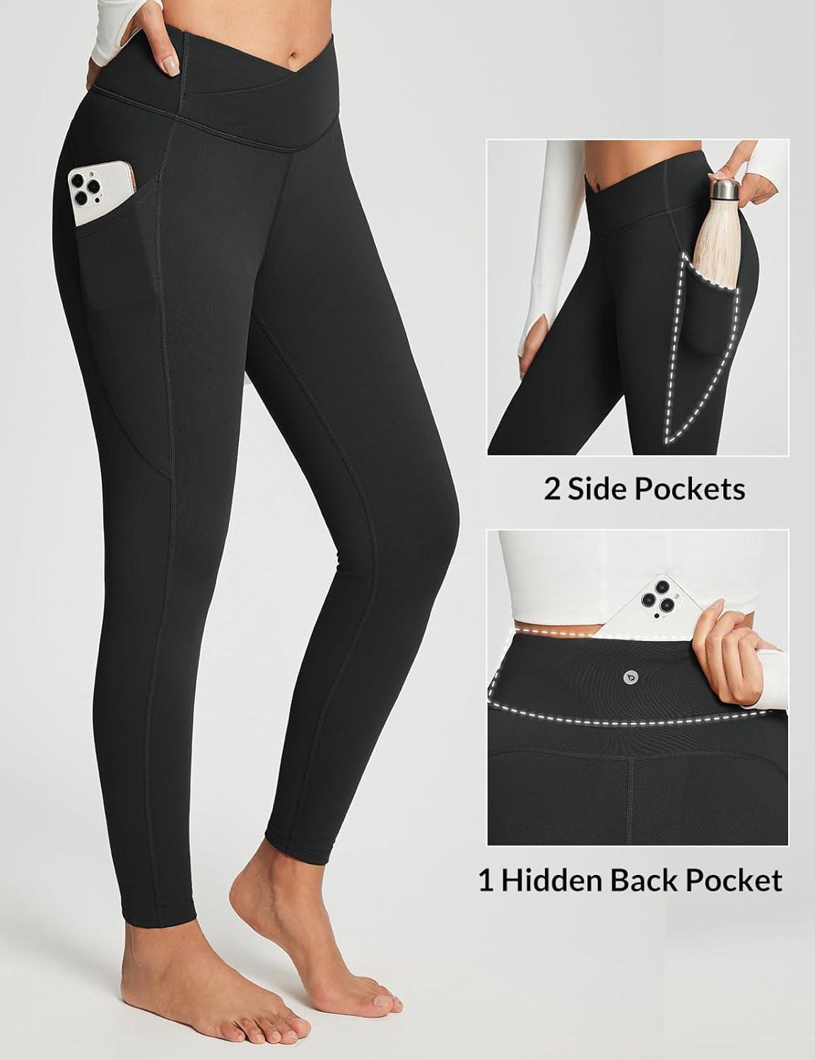 imagebaleaf Womens Crossover Fleece Lined Leggings with Pockets Thermal Warm Winter Tights Crossover High Waisted Yoga PantsBlack