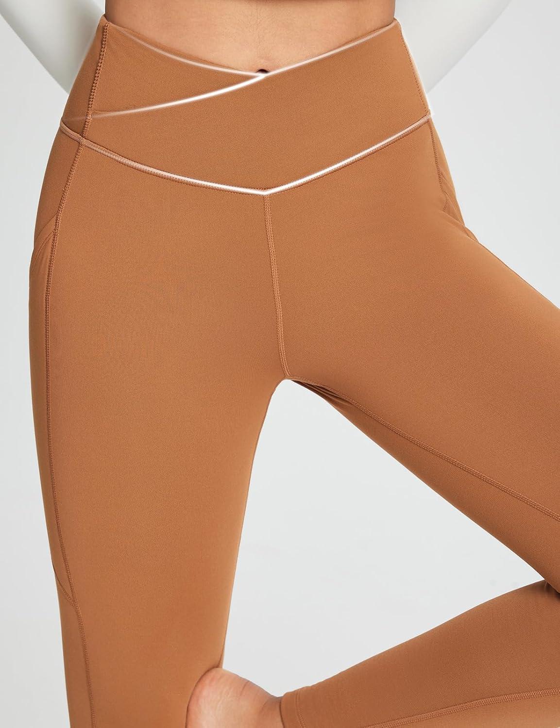 imagebaleaf Womens Crossover Fleece Lined Leggings with Pockets Thermal Warm Winter Tights Crossover High Waisted Yoga PantsCaramel