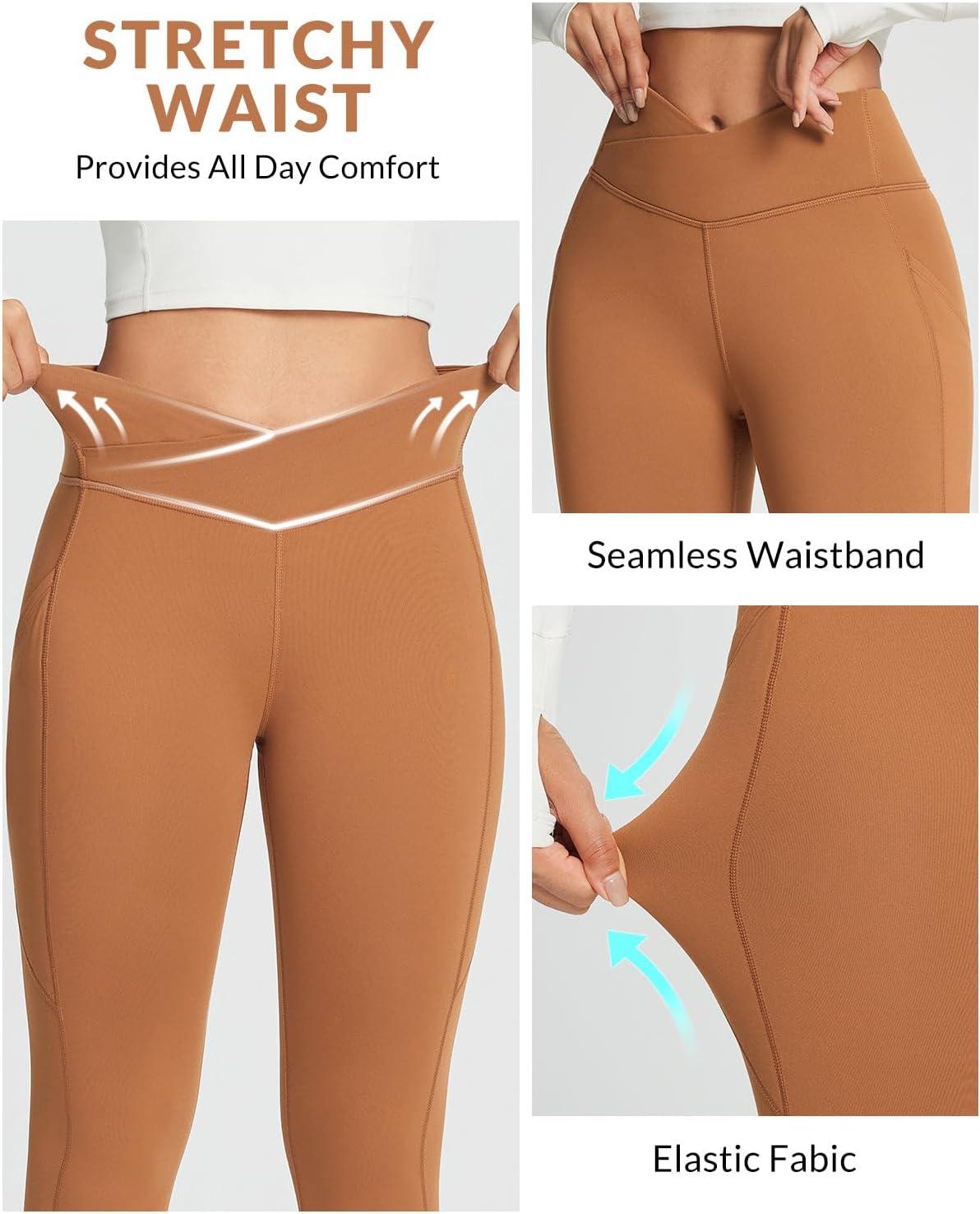 imagebaleaf Womens Crossover Fleece Lined Leggings with Pockets Thermal Warm Winter Tights Crossover High Waisted Yoga PantsCaramel