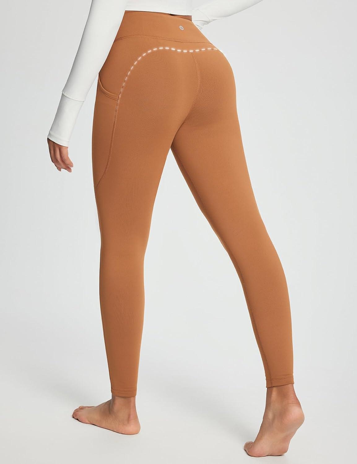 imagebaleaf Womens Crossover Fleece Lined Leggings with Pockets Thermal Warm Winter Tights Crossover High Waisted Yoga PantsCaramel