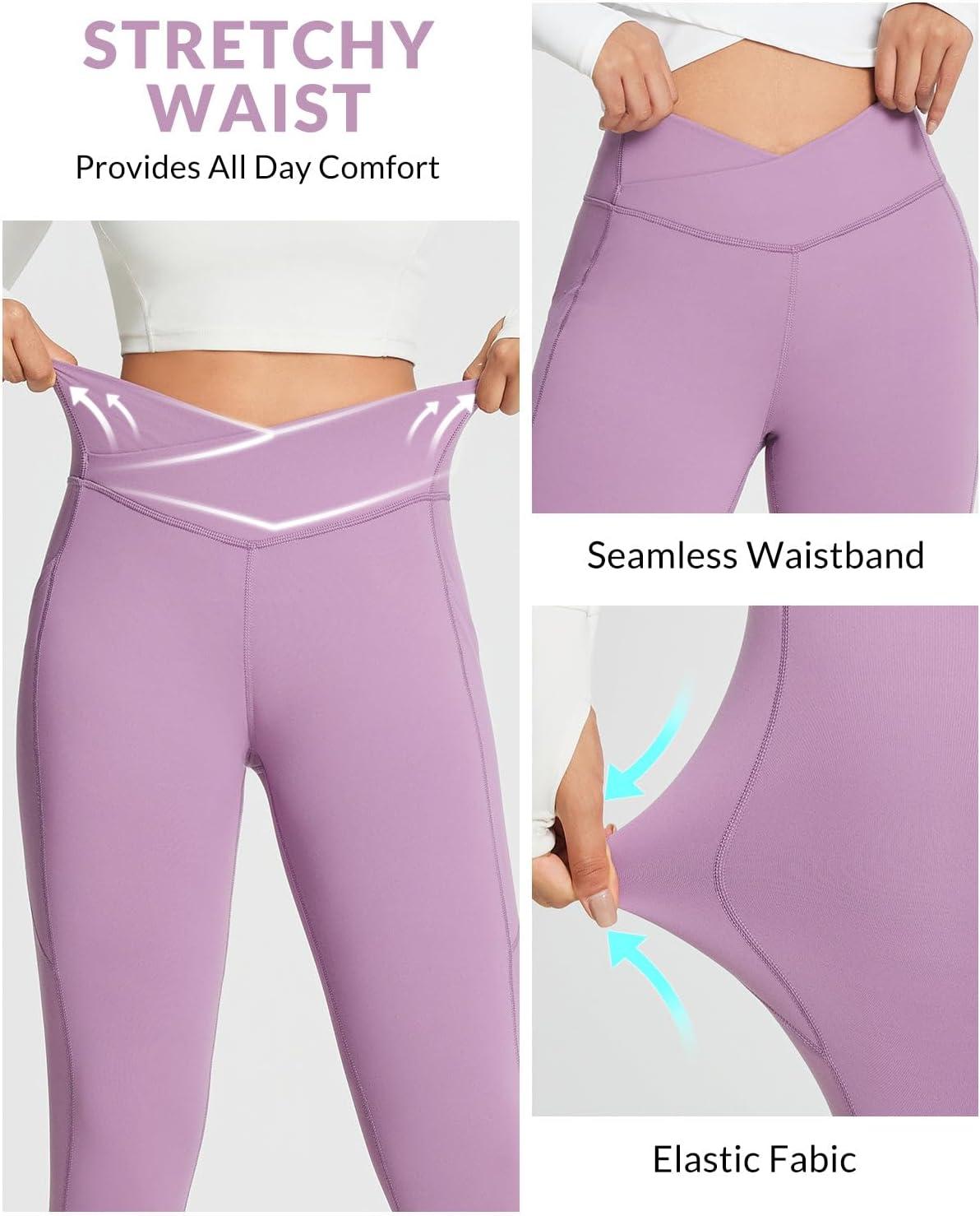 imagebaleaf Womens Crossover Fleece Lined Leggings with Pockets Thermal Warm Winter Tights Crossover High Waisted Yoga PantsGrape