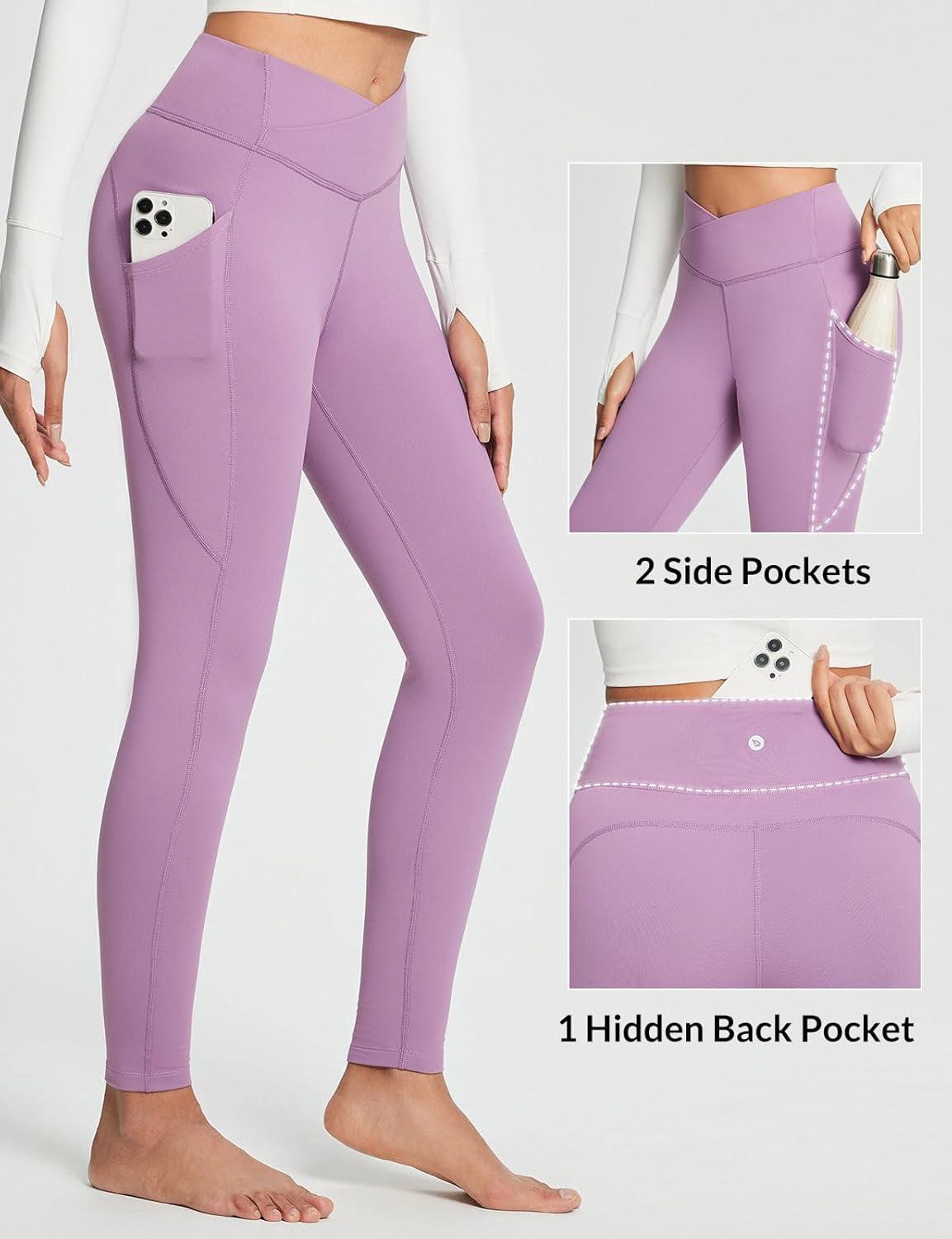 imagebaleaf Womens Crossover Fleece Lined Leggings with Pockets Thermal Warm Winter Tights Crossover High Waisted Yoga PantsGrape