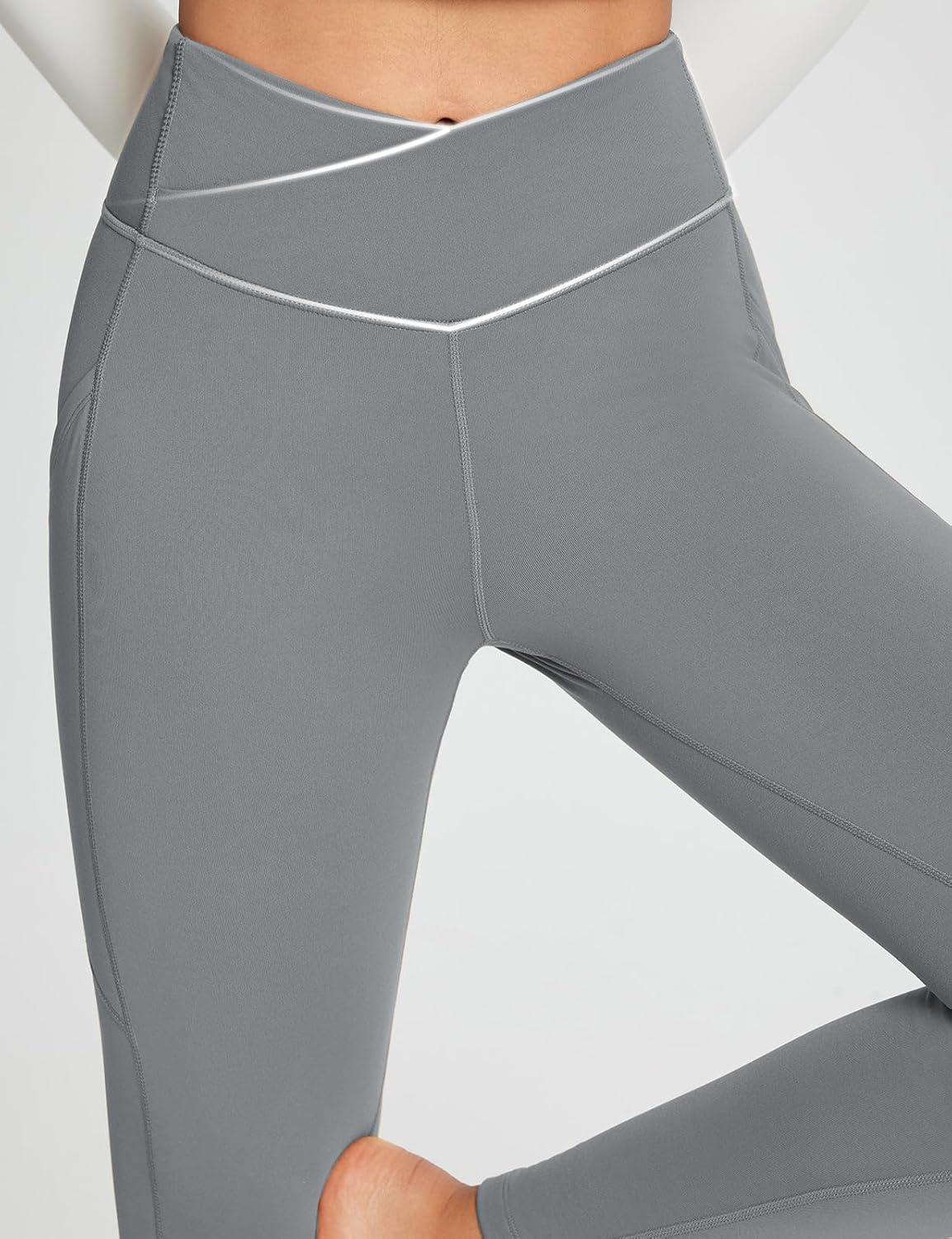 imagebaleaf Womens Crossover Fleece Lined Leggings with Pockets Thermal Warm Winter Tights Crossover High Waisted Yoga PantsGraphite Gray