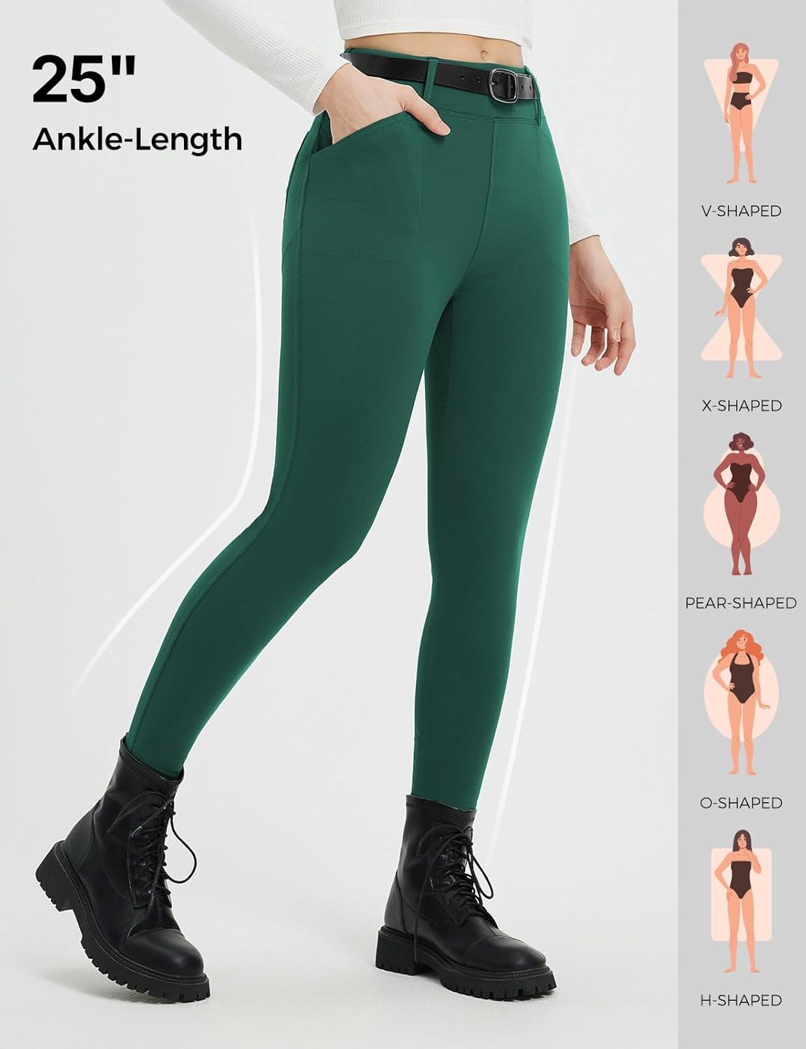 imagebaleaf Womens Fleece Lined Leggings 4 Pockets Warm Thermal Winter Insulated Petite Pants Snow Cold GearGreen