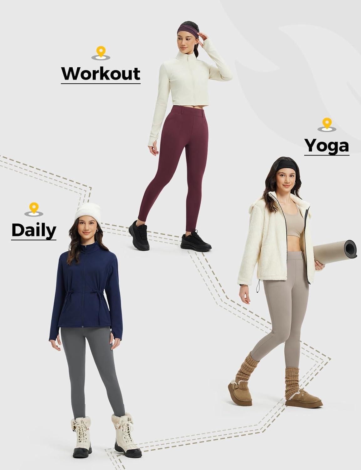 imagebaleaf Womens Fleece Lined Leggings 4 Pockets Warm Thermal Winter Insulated Petite Pants Snow Cold GearRed