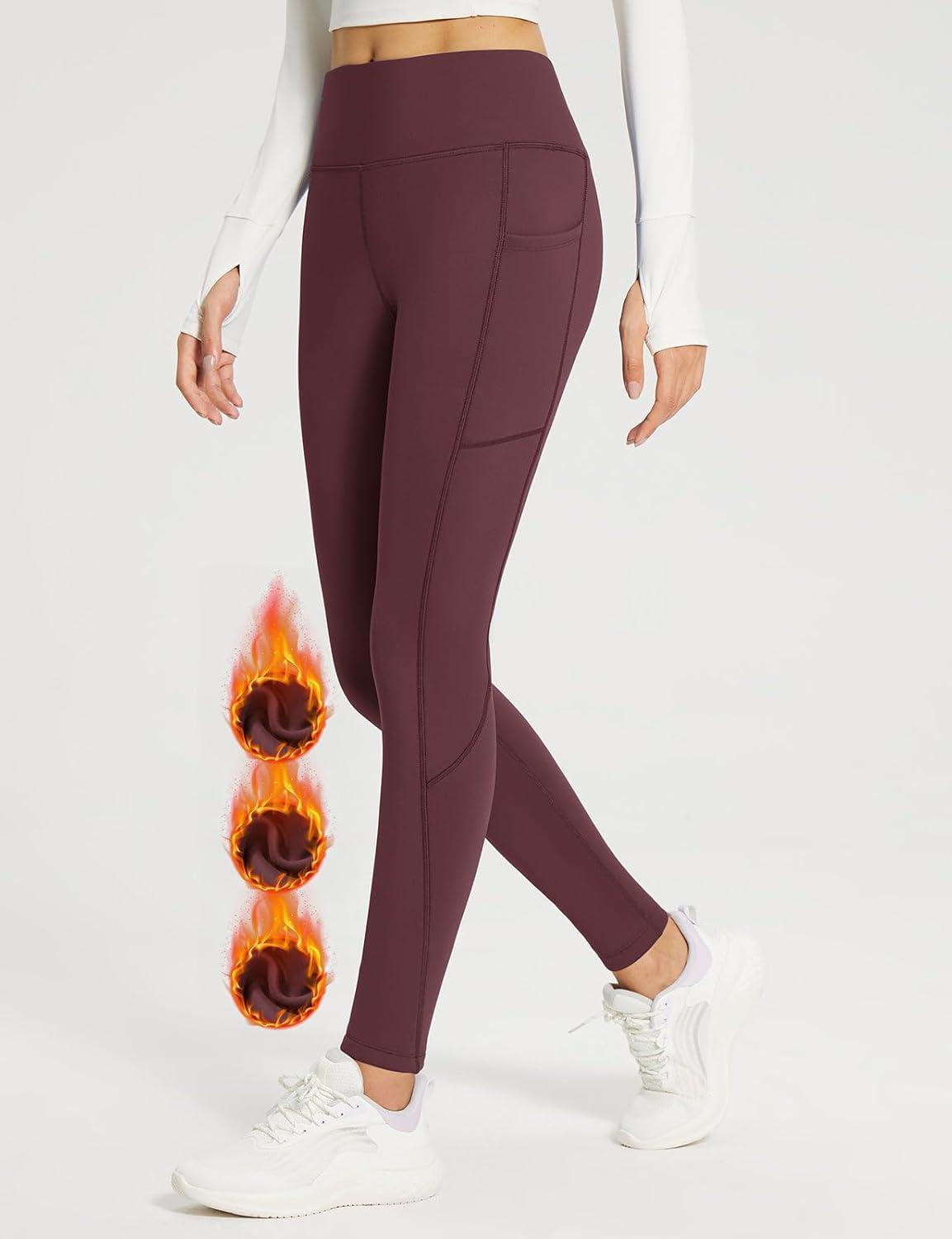 imagebaleaf Womens Fleece Lined Leggings Thick Soft Winter Warm Thermal Waterproof High Waisted Pockets Hiking Running SkiingRed