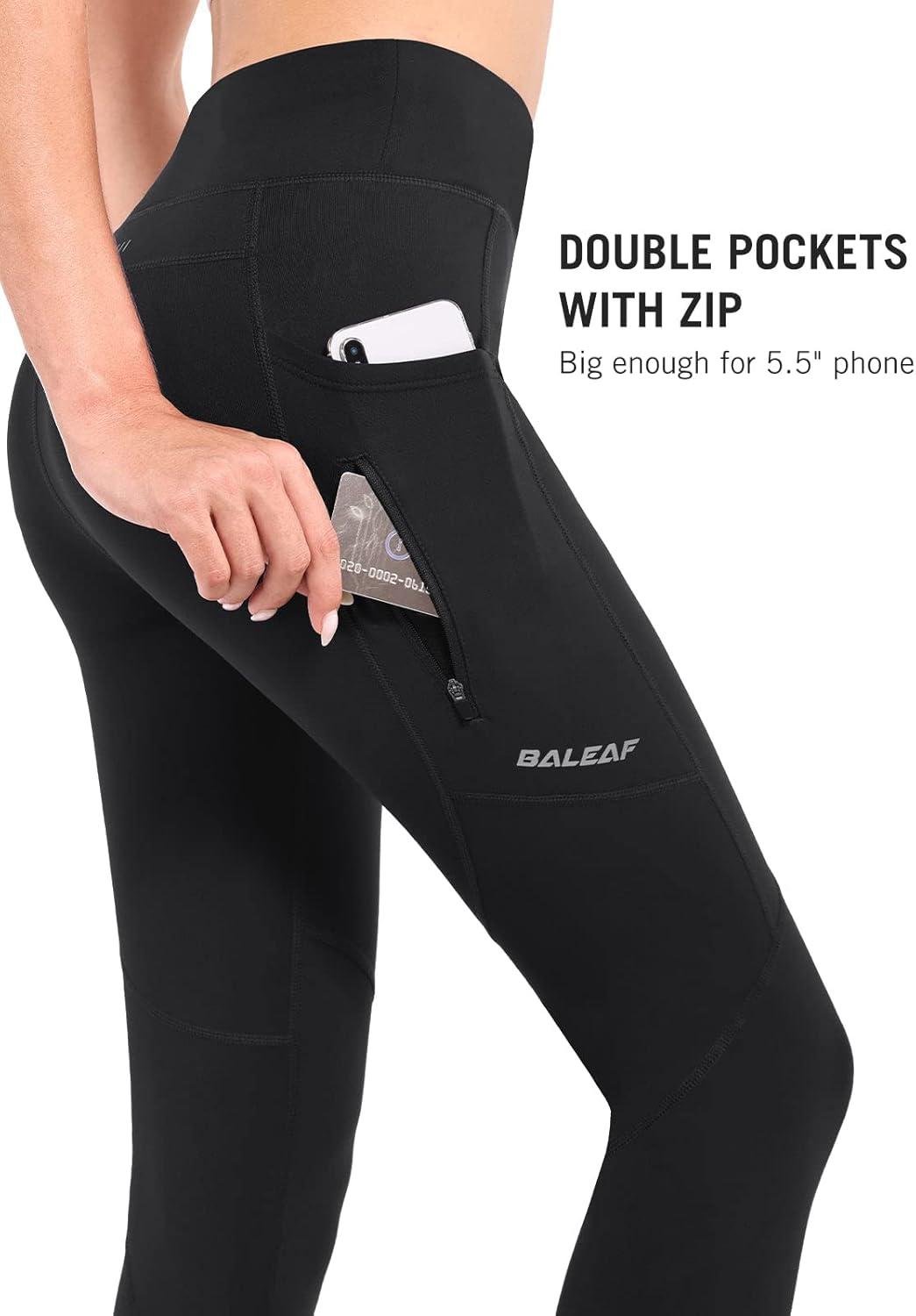 imagebaleaf Womens Fleece Lined Leggings Water Resistant Winter Clothes Running Tights Cold Weather Hiking Pants Zip PocketsAblack