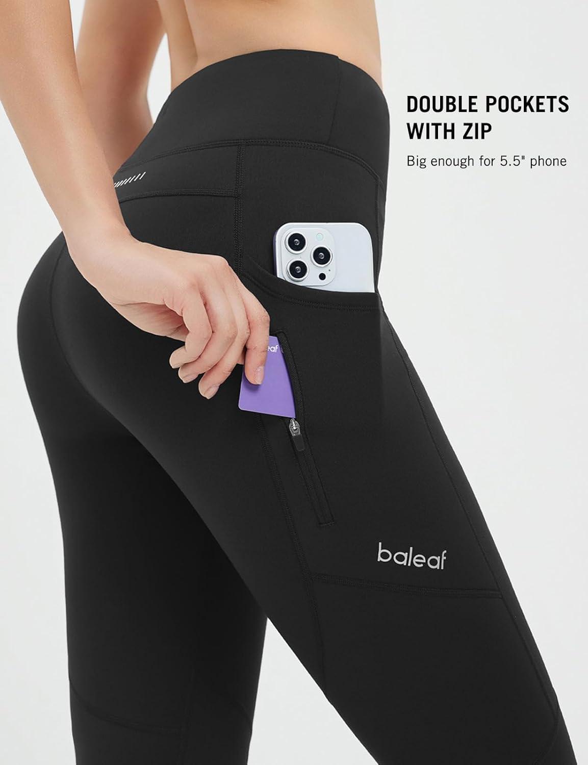 imagebaleaf Womens Fleece Lined Leggings Water Resistant Winter Clothes Running Tights Cold Weather Hiking Pants Zip PocketsCblack