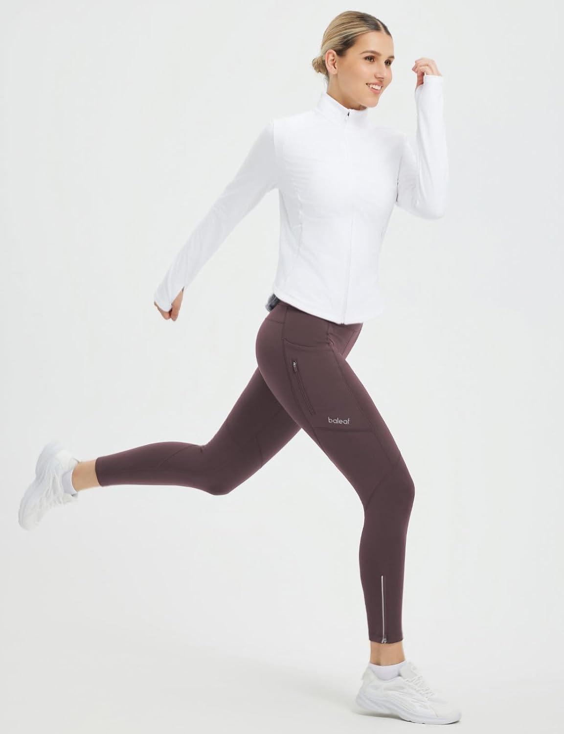 imagebaleaf Womens Fleece Lined Leggings Water Resistant Winter Clothes Running Tights Cold Weather Hiking Pants Zip PocketsCdark Brown No Water Resistant