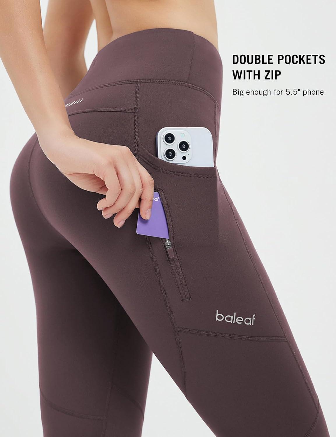 imagebaleaf Womens Fleece Lined Leggings Water Resistant Winter Clothes Running Tights Cold Weather Hiking Pants Zip PocketsCdark Brown No Water Resistant