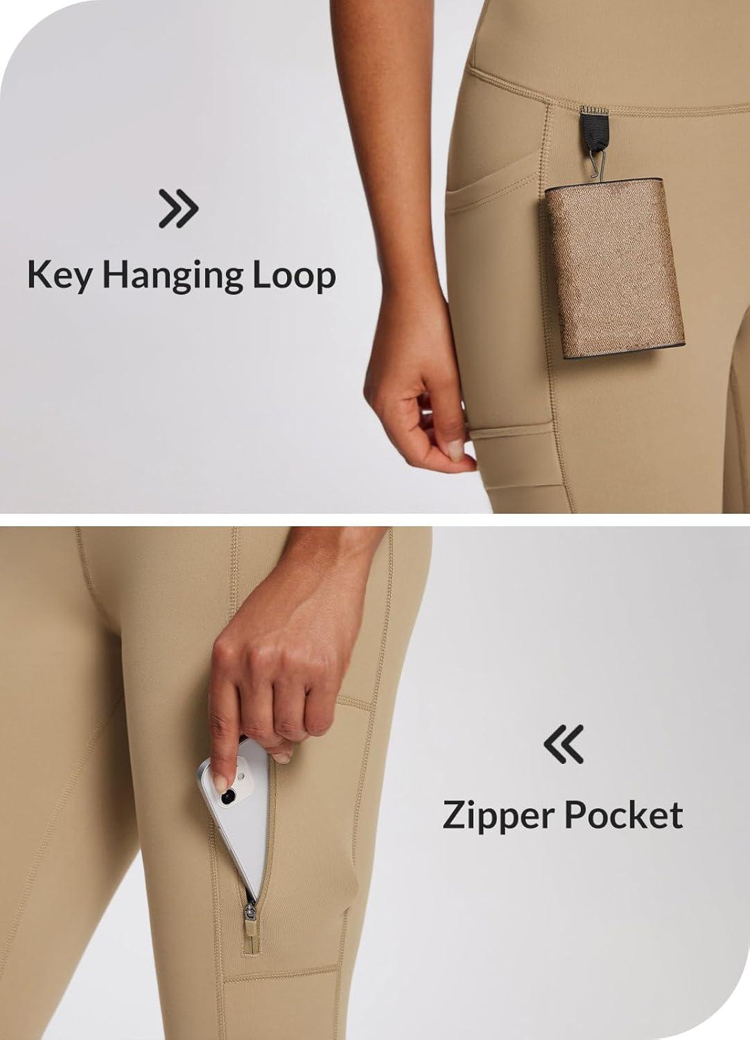 imagebaleaf Womens Fleece Lined Leggings Waterproof Winter Hiking Pants Thermal Running Tights Zipper Pockets High WaistedBrown