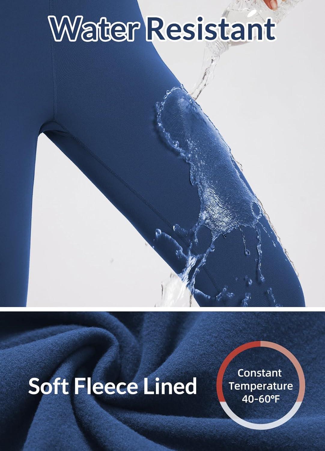 imagebaleaf Womens Fleece Lined Leggings Waterproof Winter Hiking Pants Thermal Running Tights Zipper Pockets High WaistedGulf Blue
