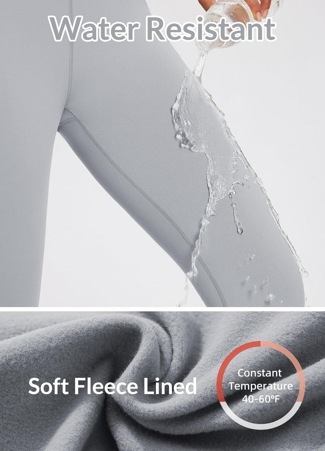 imagebaleaf Womens Fleece Lined Leggings Waterproof Winter Hiking Pants Thermal Running Tights Zipper Pockets High WaistedLight Grey
