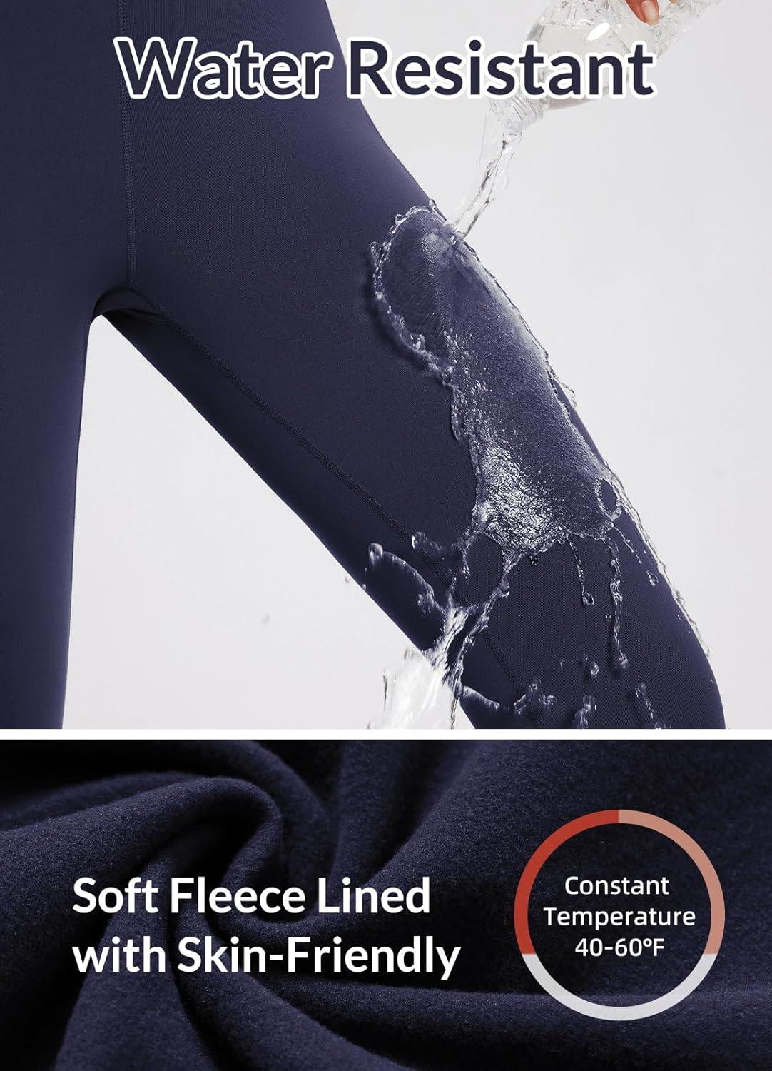 imagebaleaf Womens Fleece Lined Leggings Waterproof Winter Hiking Pants Thermal Running Tights Zipper Pockets High WaistedNavy