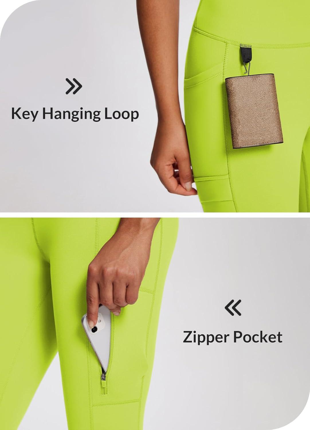 imagebaleaf Womens Fleece Lined Leggings Waterproof Winter Hiking Pants Thermal Running Tights Zipper Pockets High WaistedNeon Lemon