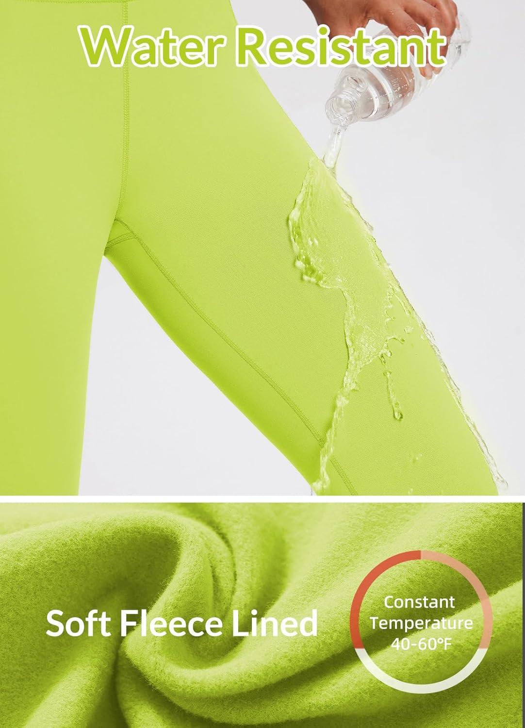 imagebaleaf Womens Fleece Lined Leggings Waterproof Winter Hiking Pants Thermal Running Tights Zipper Pockets High WaistedNeon Lemon