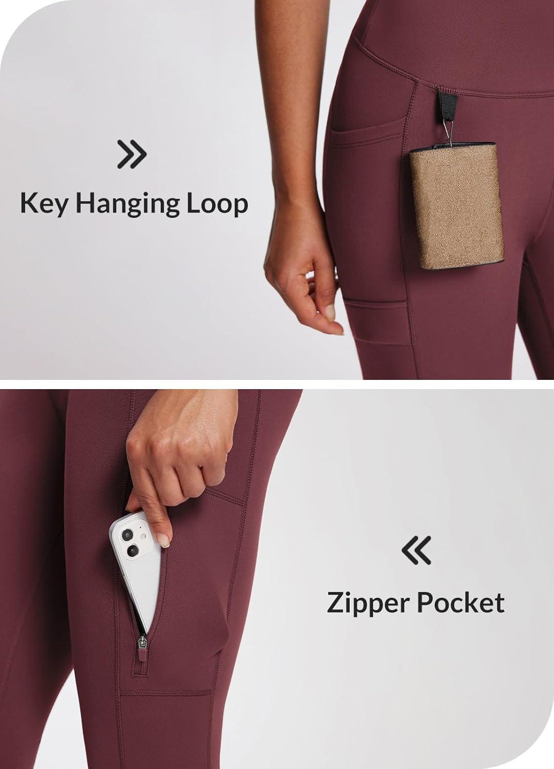 imagebaleaf Womens Fleece Lined Leggings Waterproof Winter Hiking Pants Thermal Running Tights Zipper Pockets High WaistedWine