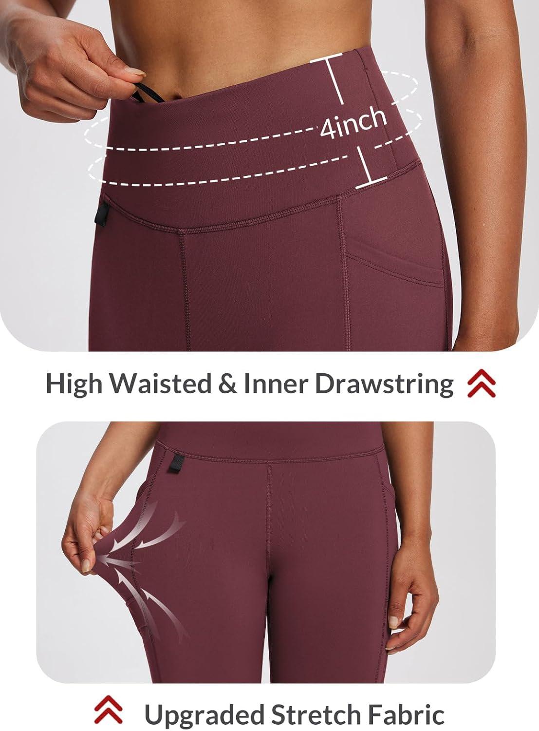 imagebaleaf Womens Fleece Lined Leggings Waterproof Winter Hiking Pants Thermal Running Tights Zipper Pockets High WaistedWine