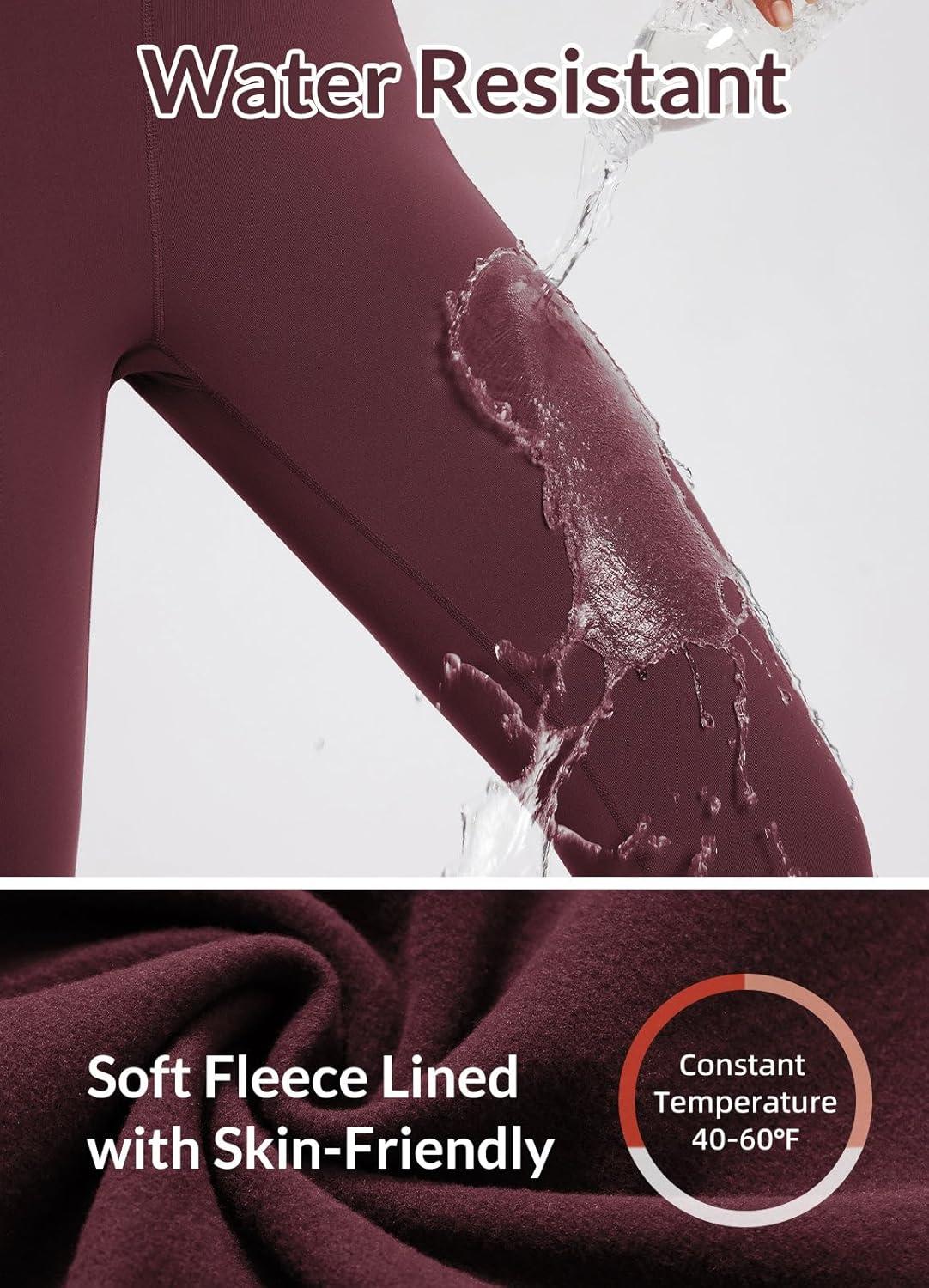 imagebaleaf Womens Fleece Lined Leggings Waterproof Winter Hiking Pants Thermal Running Tights Zipper Pockets High WaistedWine