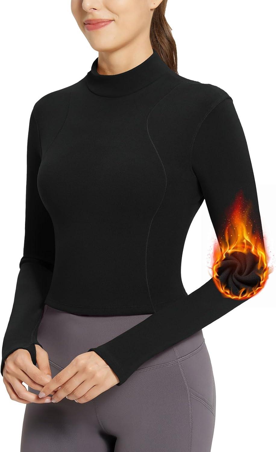 imagebaleaf Womens Thermal Tops Fleece Lined Shirts Long Sleeve Cold Weather Winter Gear Workout Zipper Pocket ThumbholesBlack
