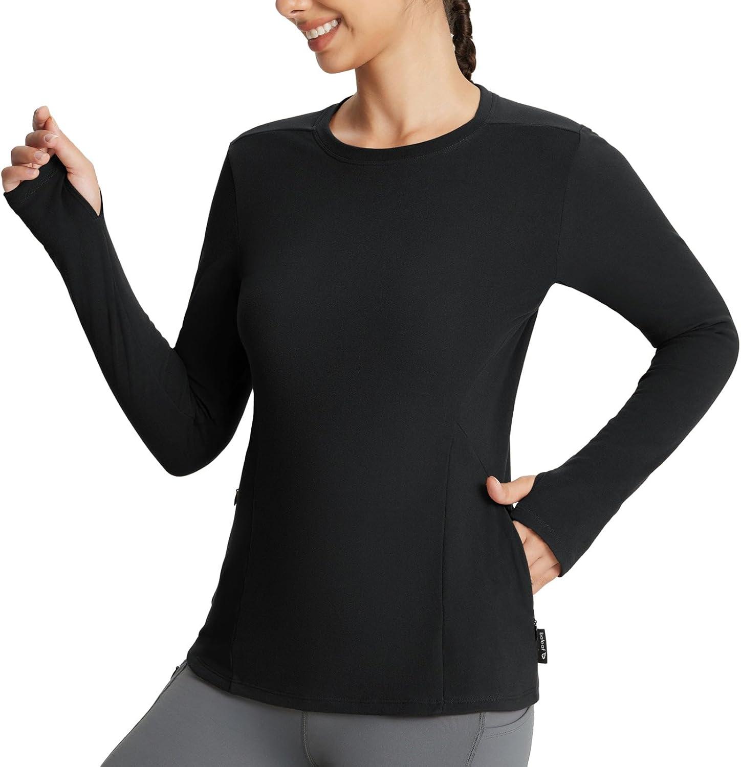 imagebaleaf Womens Thermal Tops Fleece Lined Shirts Long Sleeve Cold Weather Winter Gear Workout Zipper Pocket ThumbholesBlack