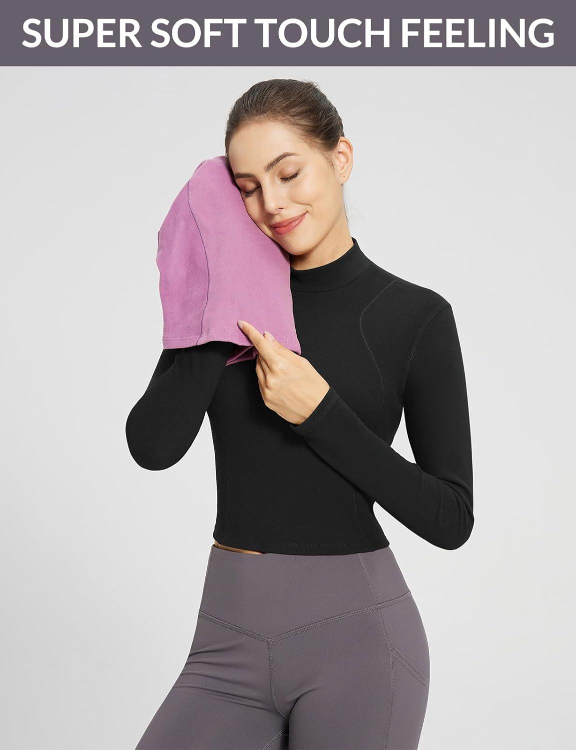 imagebaleaf Womens Thermal Tops Fleece Lined Shirts Long Sleeve Cold Weather Winter Gear Workout Zipper Pocket ThumbholesBlack