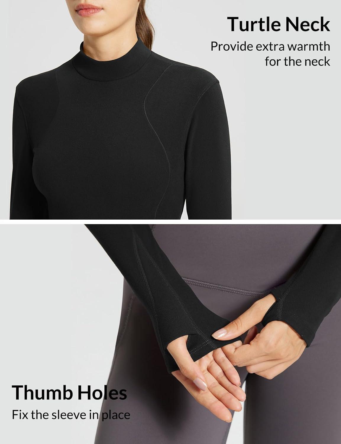 imagebaleaf Womens Thermal Tops Fleece Lined Shirts Long Sleeve Cold Weather Winter Gear Workout Zipper Pocket ThumbholesBlack