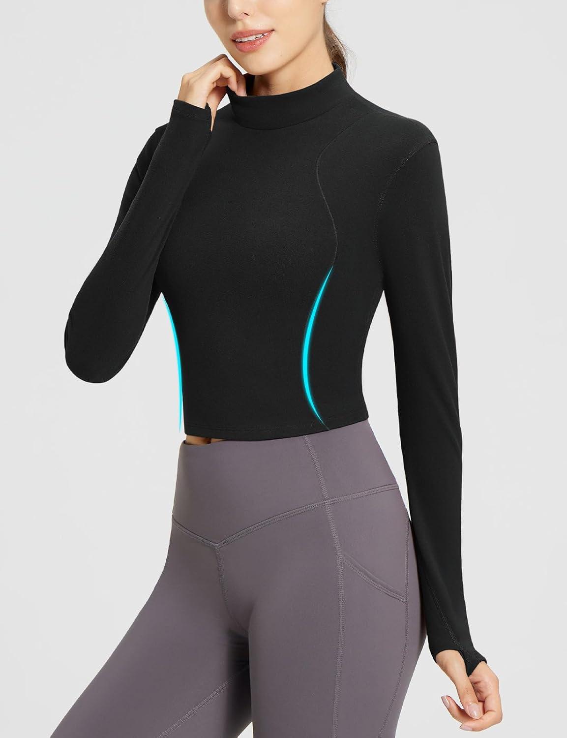 imagebaleaf Womens Thermal Tops Fleece Lined Shirts Long Sleeve Cold Weather Winter Gear Workout Zipper Pocket ThumbholesBlack