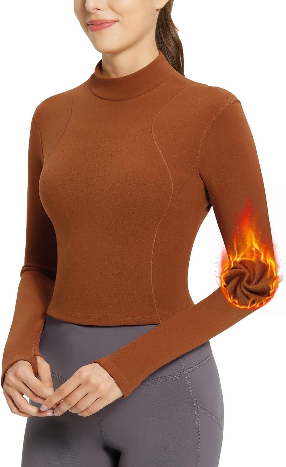 imagebaleaf Womens Thermal Tops Fleece Lined Shirts Long Sleeve Cold Weather Winter Gear Workout Zipper Pocket ThumbholesCaramel