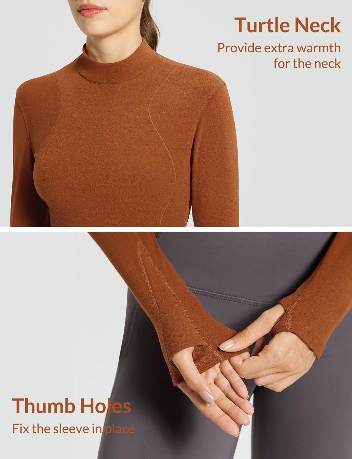 imagebaleaf Womens Thermal Tops Fleece Lined Shirts Long Sleeve Cold Weather Winter Gear Workout Zipper Pocket ThumbholesCaramel
