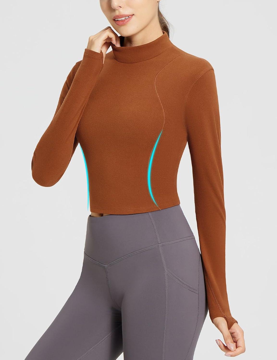 imagebaleaf Womens Thermal Tops Fleece Lined Shirts Long Sleeve Cold Weather Winter Gear Workout Zipper Pocket ThumbholesCaramel