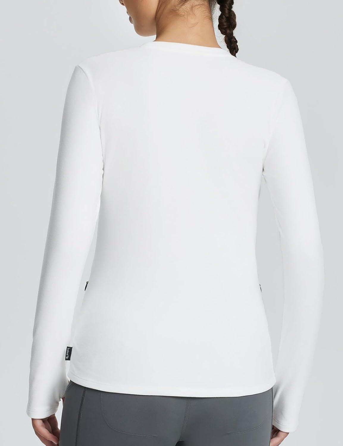 imagebaleaf Womens Thermal Tops Fleece Lined Shirts Long Sleeve Cold Weather Winter Gear Workout Zipper Pocket ThumbholesWhite