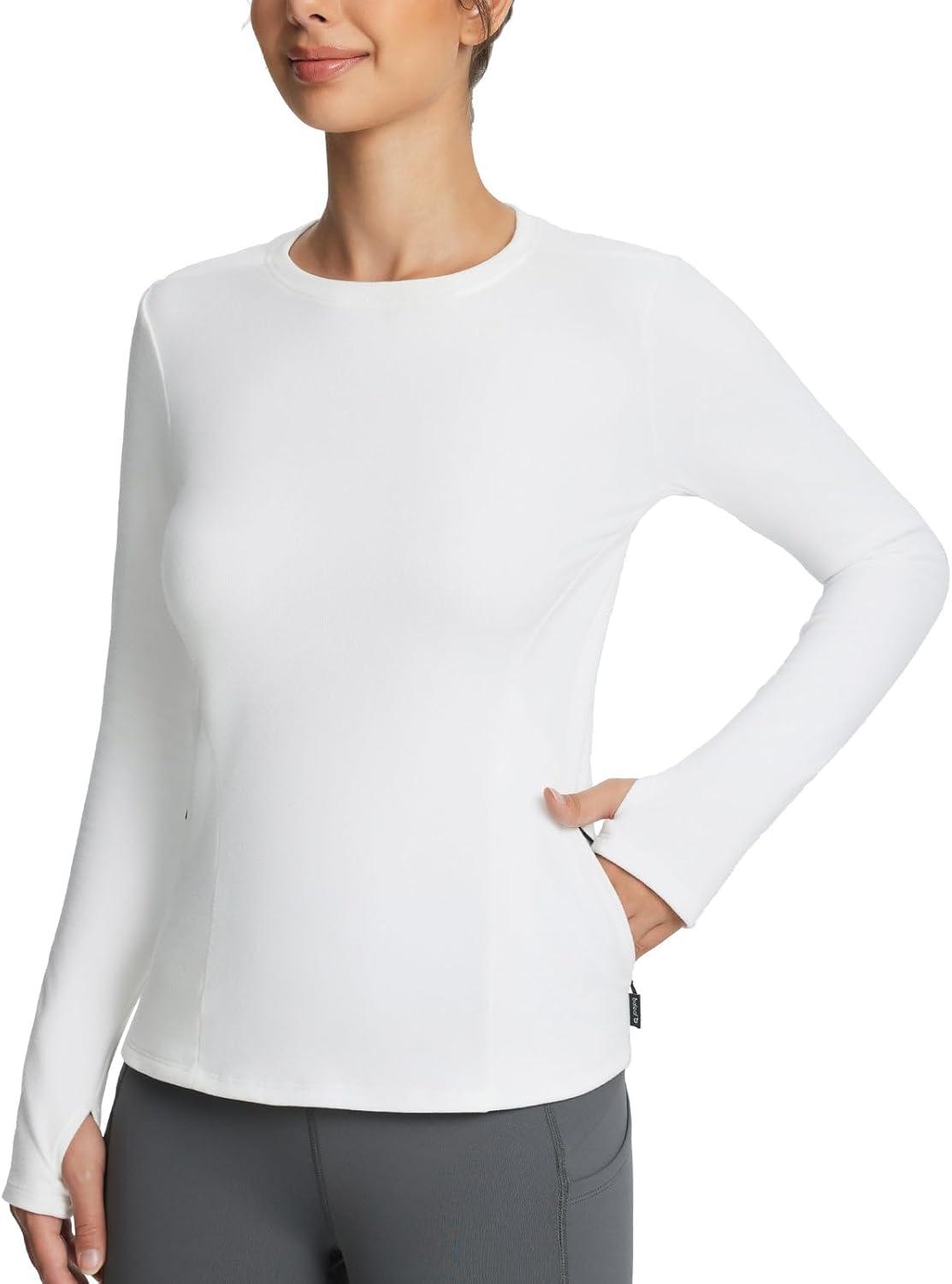 imagebaleaf Womens Thermal Tops Fleece Lined Shirts Long Sleeve Cold Weather Winter Gear Workout Zipper Pocket ThumbholesWhite