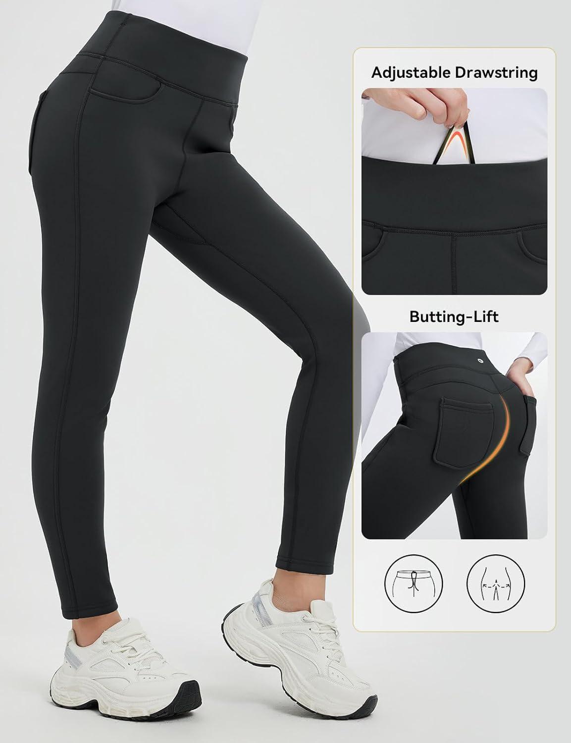 imagebaleaf Womens Thick Fleece Lined Leggings Winter Warm Jeggings Water Resistant High Waisted Tights Snow Pants 4 PocketsBlack