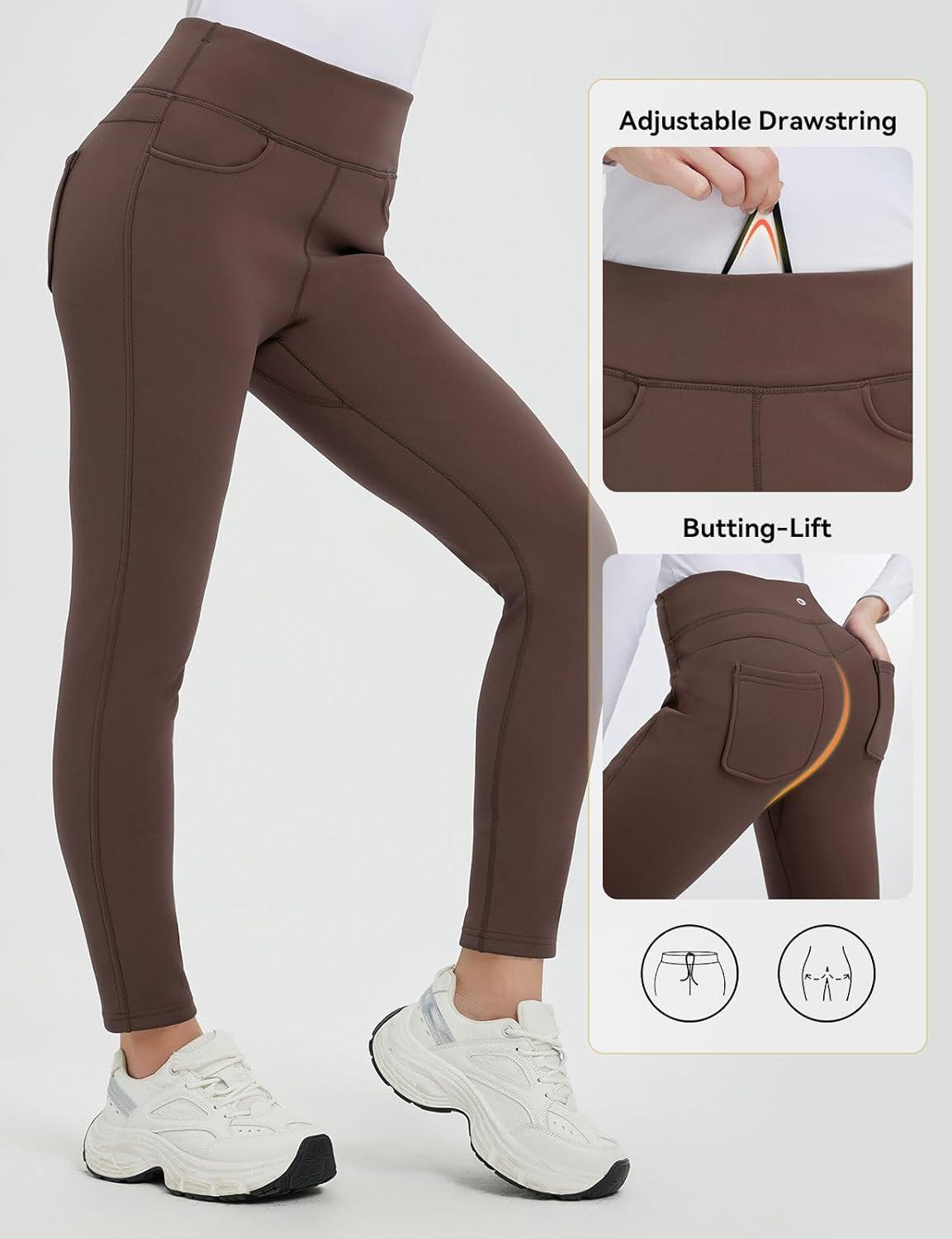 imagebaleaf Womens Thick Fleece Lined Leggings Winter Warm Jeggings Water Resistant High Waisted Tights Snow Pants 4 PocketsDark Brown