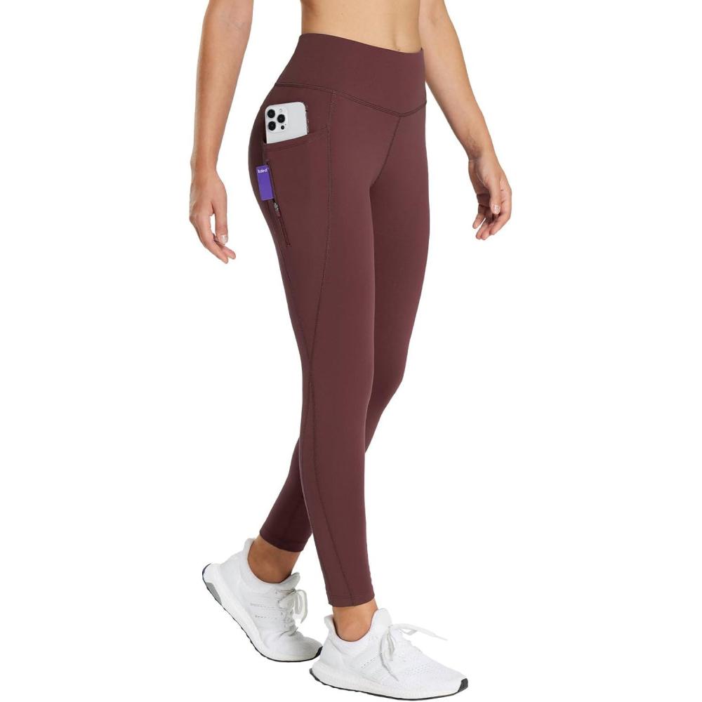 imagebaleaf 2530 Womens Fleece Lined Leggings Water Resistant High Waist Winter Running Hiking Pants Zipper Pockets25 Inch Wine Red