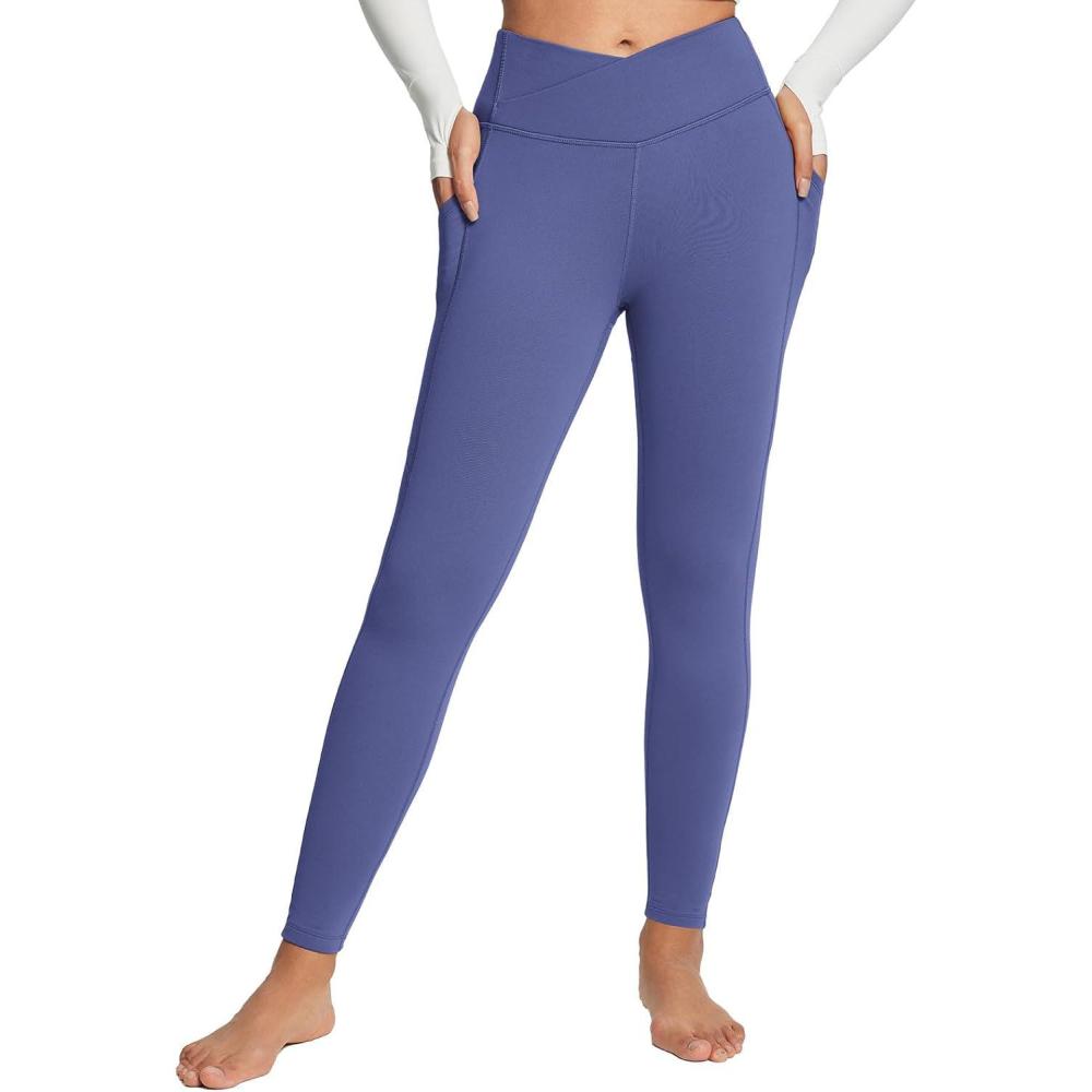 imagebaleaf Womens Crossover Fleece Lined Leggings with Pockets Thermal Warm Winter Tights Crossover High Waisted Yoga PantsClassic Navy