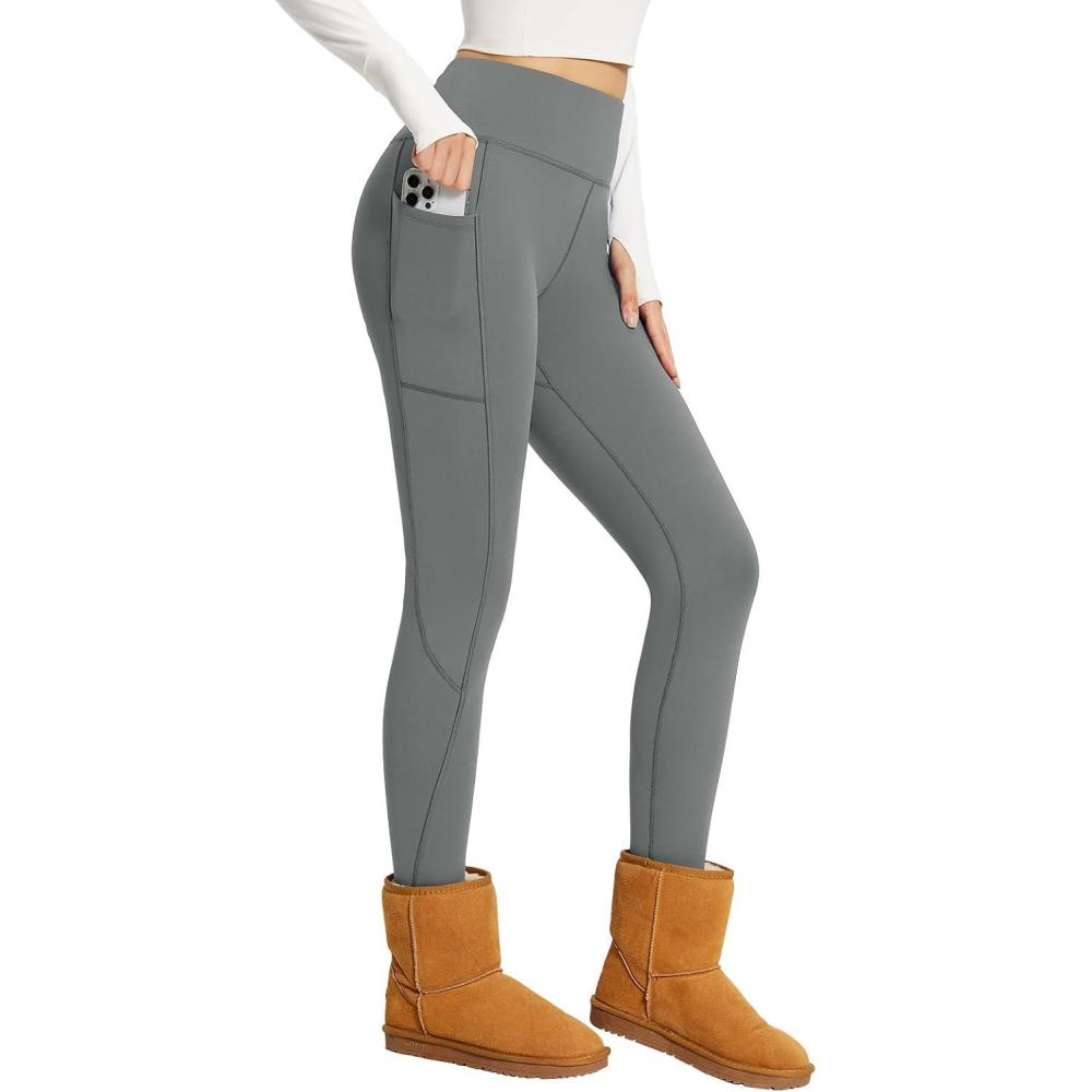 imagebaleaf Womens Fleece Lined Leggings Thick Soft Winter Warm Thermal Waterproof High Waisted Pockets Hiking Running SkiingGrey