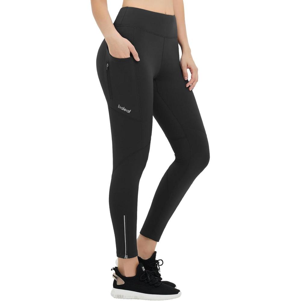 imagebaleaf Womens Fleece Lined Leggings Water Resistant Winter Clothes Running Tights Cold Weather Hiking Pants Zip PocketsCblack