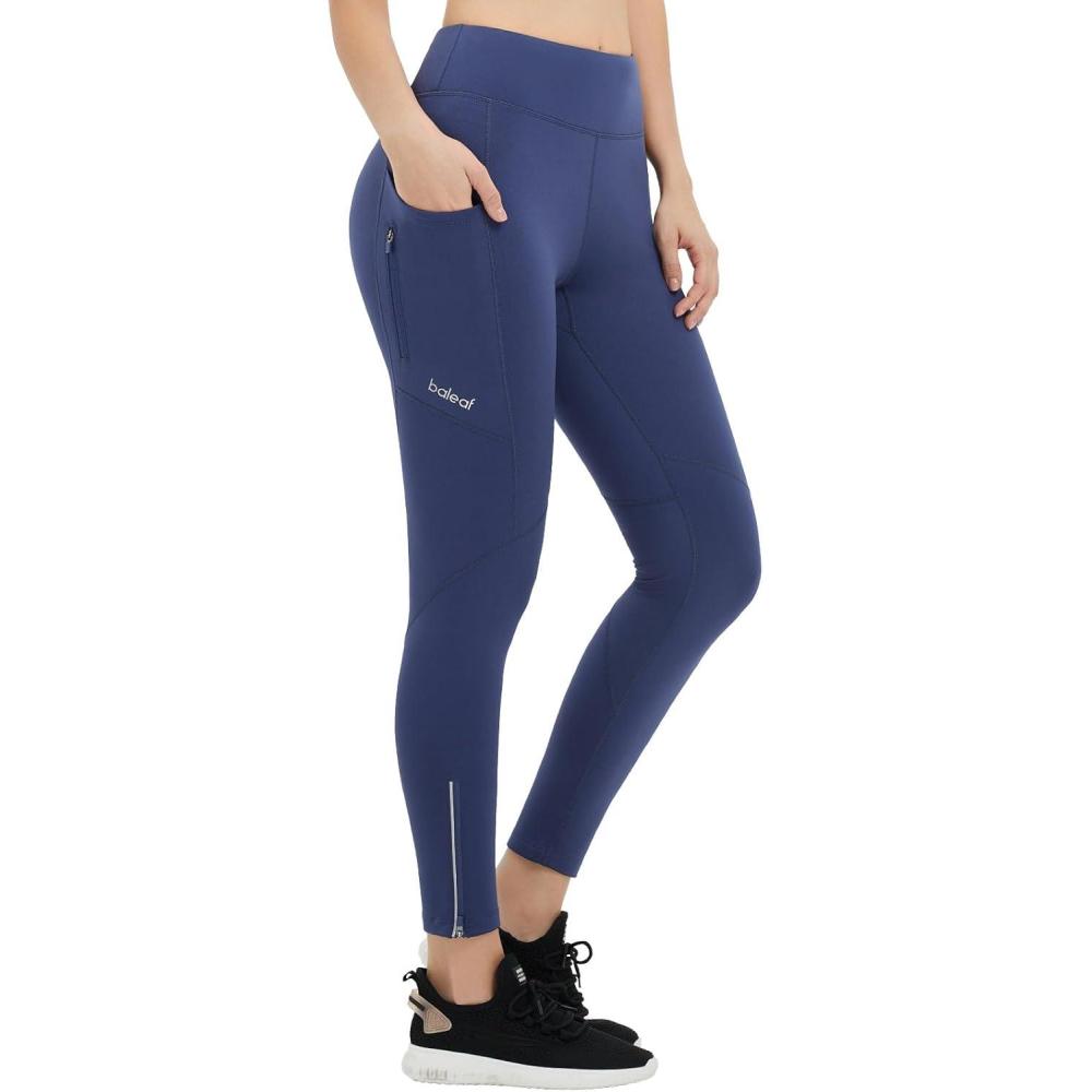imagebaleaf Womens Fleece Lined Leggings Water Resistant Winter Clothes Running Tights Cold Weather Hiking Pants Zip PocketsCnavy Blue No Water Resistant